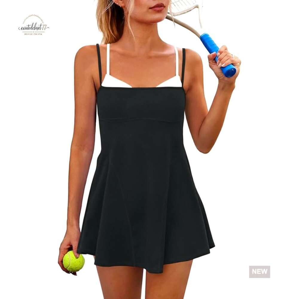 Slim Fit Tennis Dress with Built-in Shorts Bra Pockets Square Neck